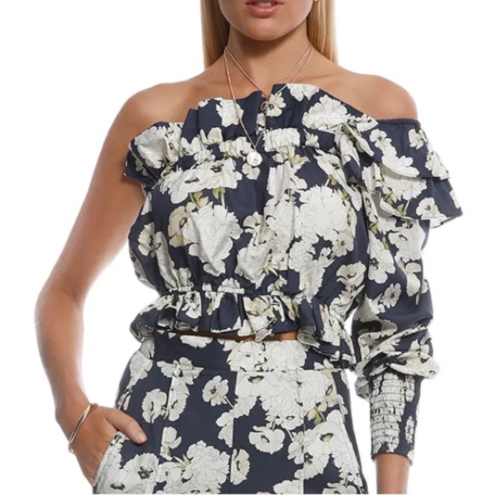Sir Bellagio silk crop top one shoulder blue floral size 1